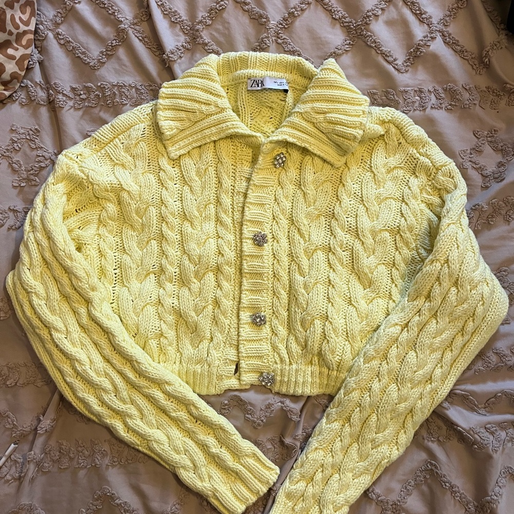 Zara Yellow Cable Knit Button-Front Sweater